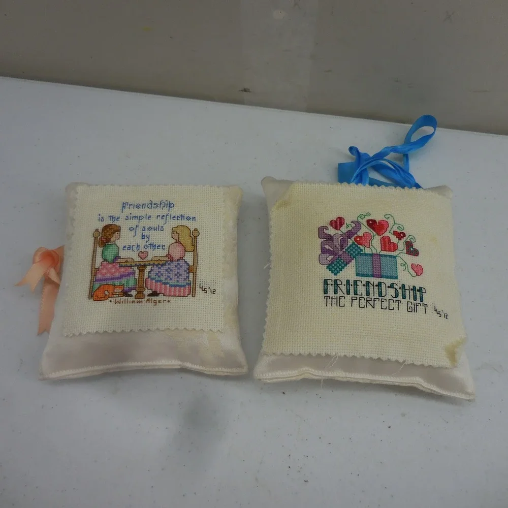 Vintage Cross Stitch Friendship Pillows Set of 2 Handmade Hanging Decor 4.5